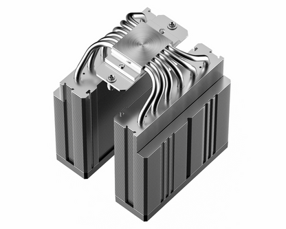 Dual-tower CPU air cooler with black fin stacks and curved heatpipes