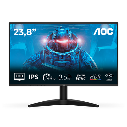 AOC 23.8 in gaming monitor showing FHD, IPS, 144Hz, HDR icons