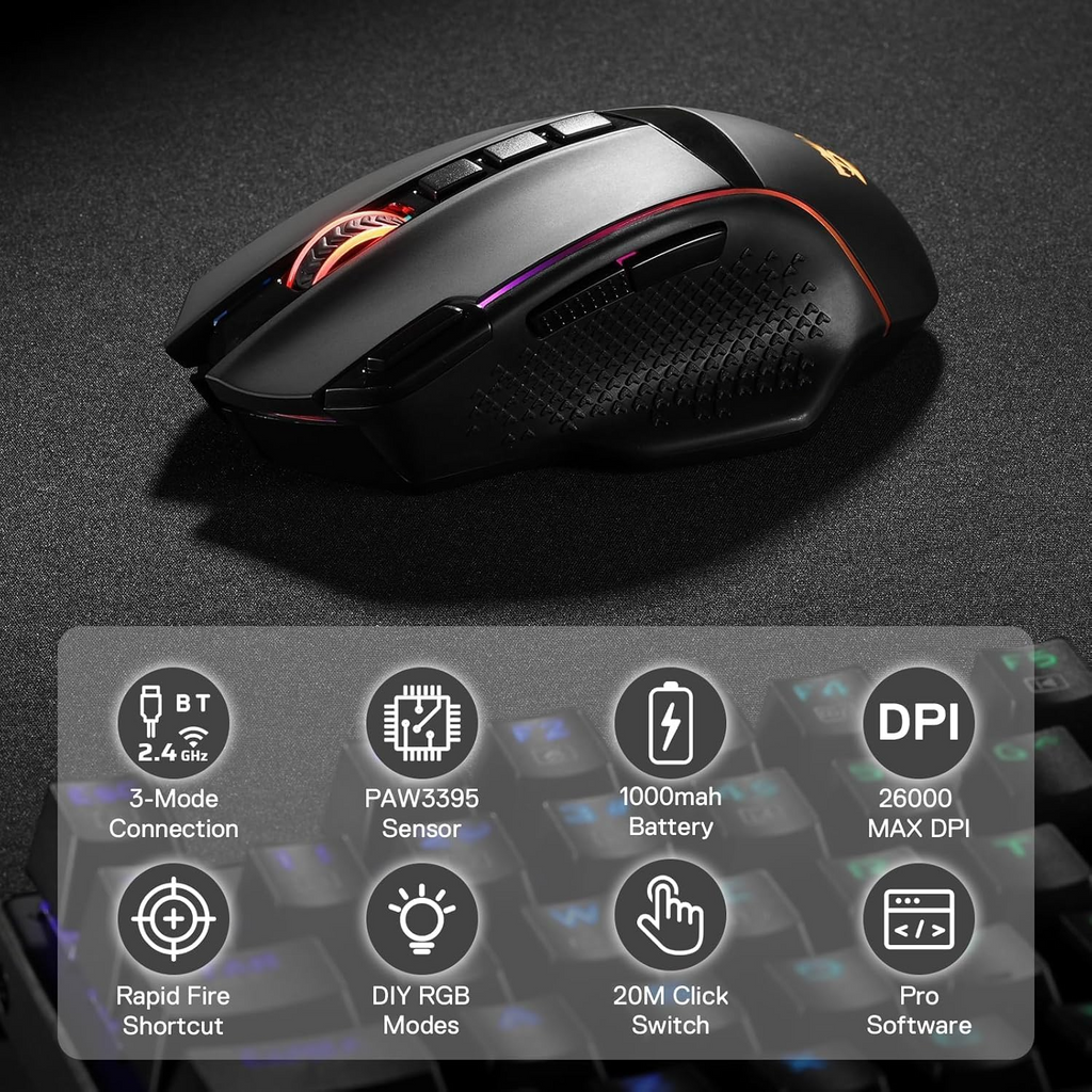 Redragon M991 RGB ENLIGHTENMENT PRO Wireless / Wired Rechargeable Gaming Mouse – 26000DPI – 9 MMO Buttons