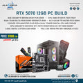 Advertisement for an RTX 5070 12GB PC build with components and pricing details.