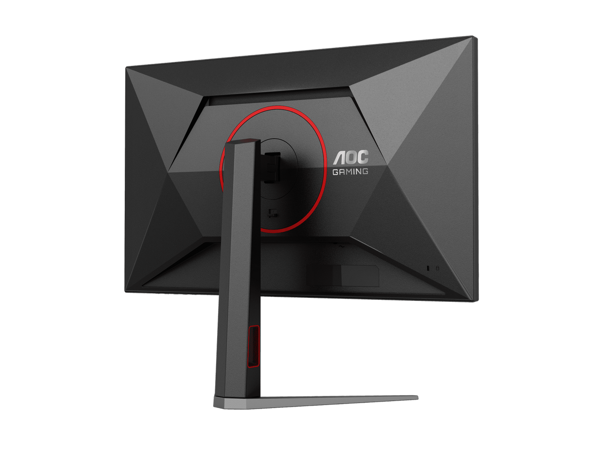 AOC gaming monitor angled front with centered vertical stand and red accent trim