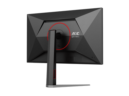 AOC gaming monitor angled front with centered vertical stand and red accent trim