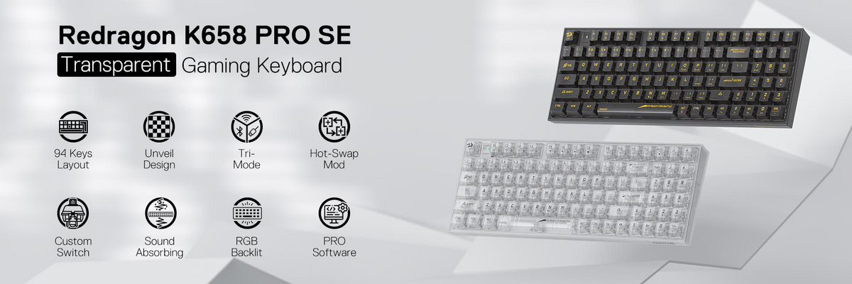 Transparent gaming keyboard with RGB and feature icons for 94-key layout and hot-swap