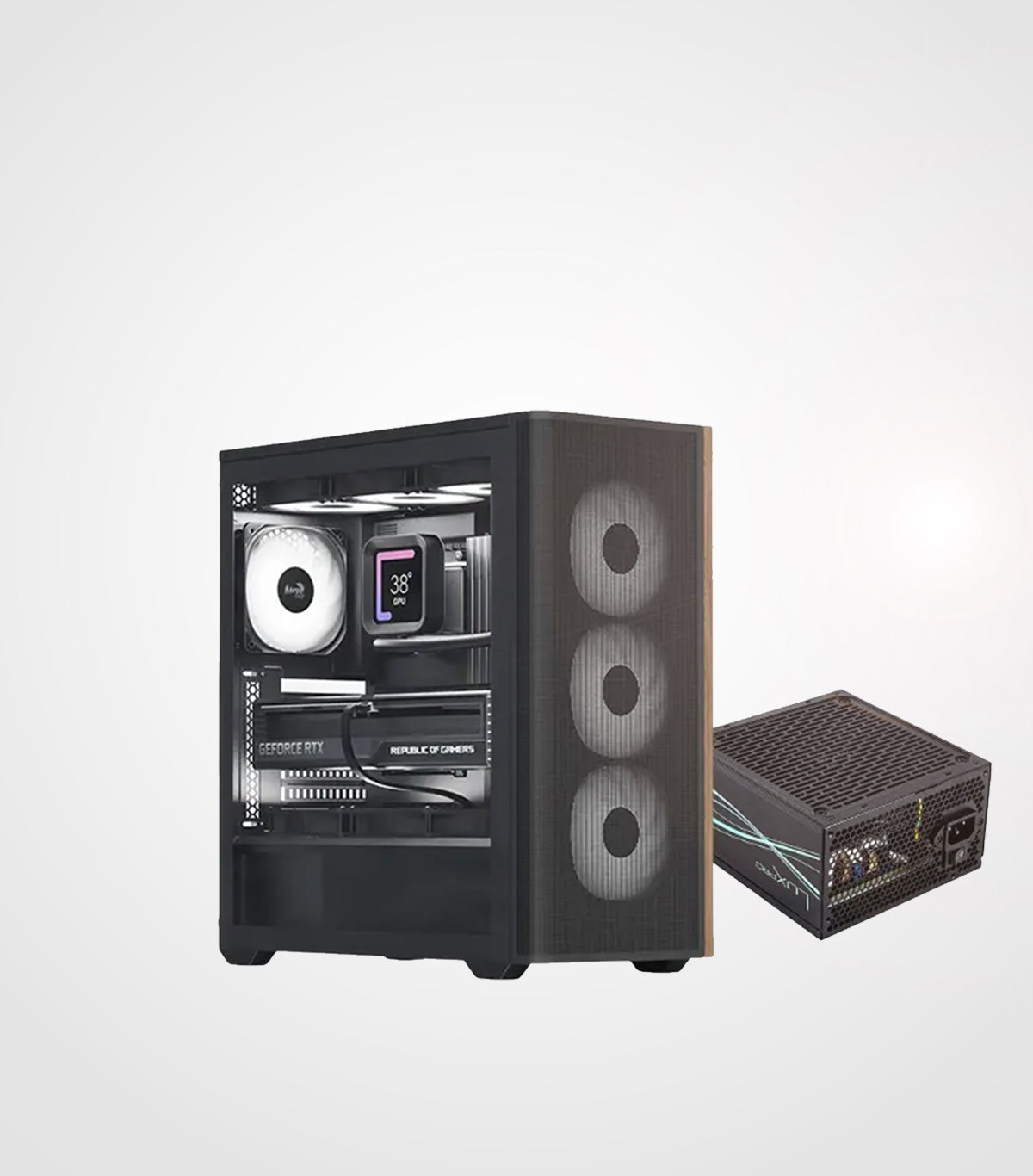 علبة Aerocool D501a سوداء متوسطة الحجم مزودة بأربع مراوح Argb مع وحدة إمداد طاقة LUXPRO 750 واط 80+ برونزي ATX3.0 وPCIe 5.0