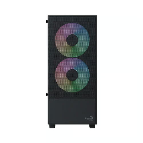 Black computer case with RGB fans on a white background