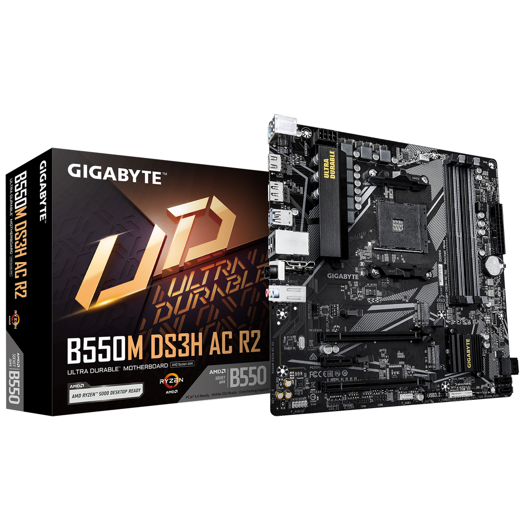 Gigabyte B550M DS3H AC R2 motherboard and packaging on a white background
