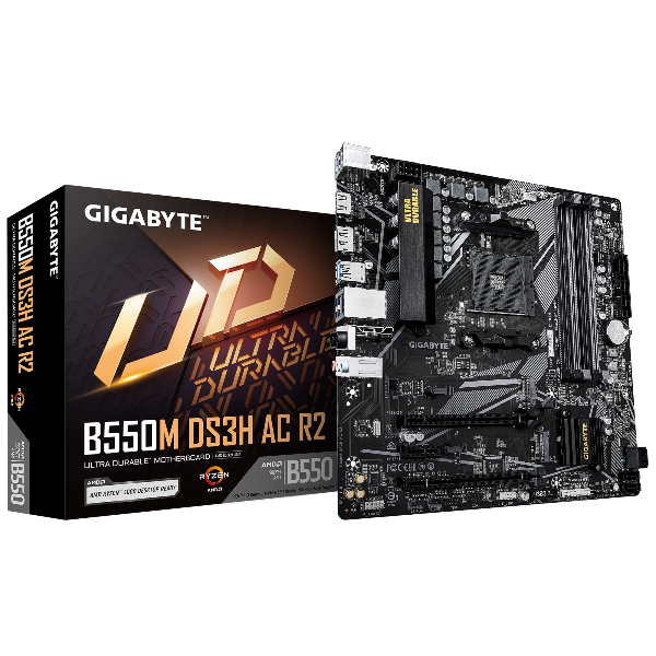 Gigabyte B550M DS3H AC R2 motherboard and packaging on a white background