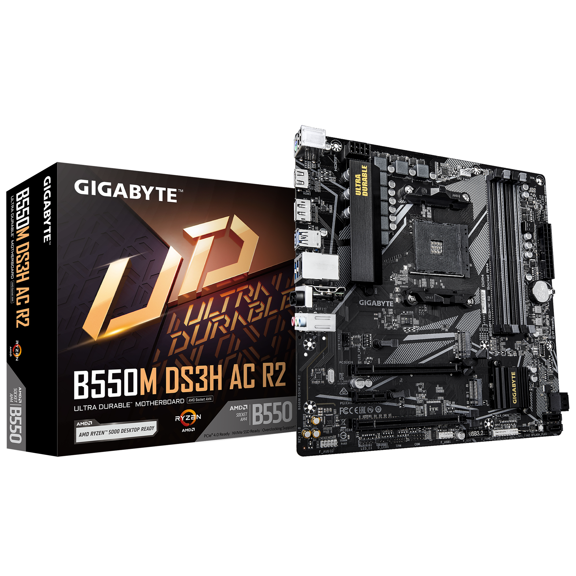 Gigabyte B550M DS3H AC R2 motherboard and packaging on a white background