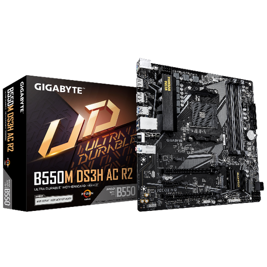 Gigabyte B550M DS3H AC R2 motherboard and packaging on a white background