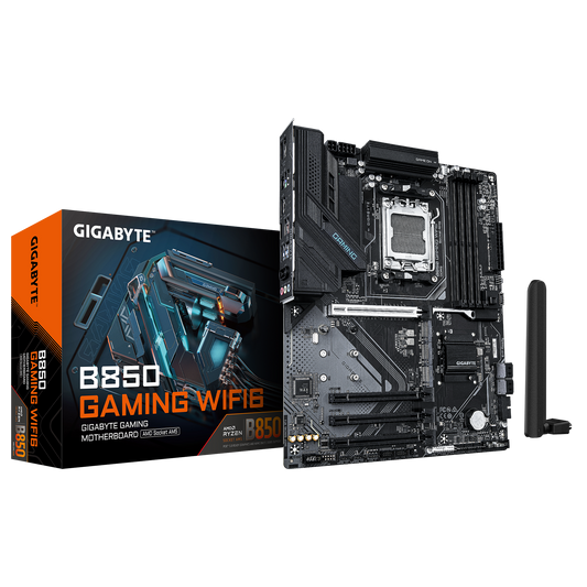Gigabyte gaming AM5 motherboard with retail box and Ryzen-themed graphics