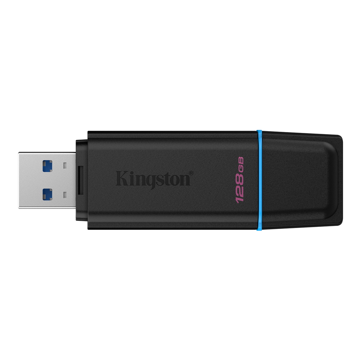 Kingston 128GB USB flash drive with exposed USB-A connector and blue accent