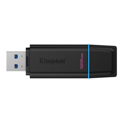Kingston 128GB USB flash drive with exposed USB-A connector and blue accent