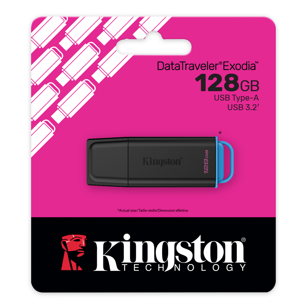 Kingston 128GB USB flash drive in retail packaging, showing the drive and USB-A details