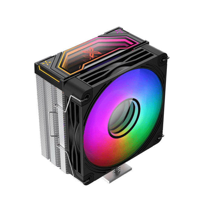 Black CPU cooler with RGB front fan ring and silver fin array