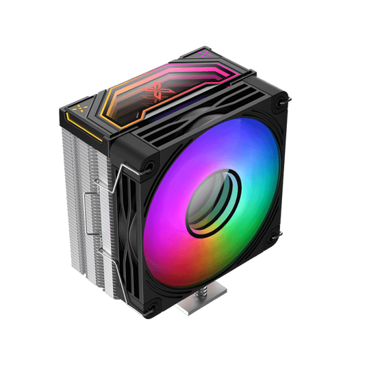 Black CPU cooler with RGB front fan ring and silver fin array
