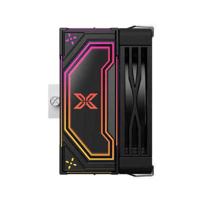 Black CPU cooler side view with RGB accents and heatsink fin stack