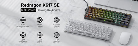 Redragon K617 SE 60% Wired RGB Gaming Keyboard 61 Keys Compact Full-Transparent Mechanical Keyboard w/Translucent Board Custom Linear Switch Pro Driver/Software Supported