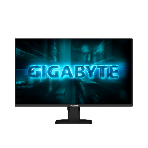 Gigabyte monitor with blue text on a dark background