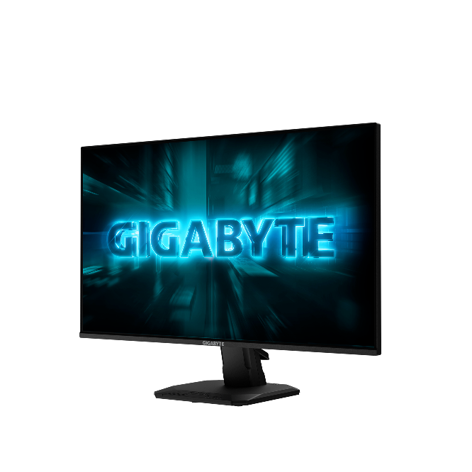 Gigabyte monitor with blue text on a black background