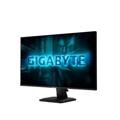 Gigabyte monitor with blue text on a black background