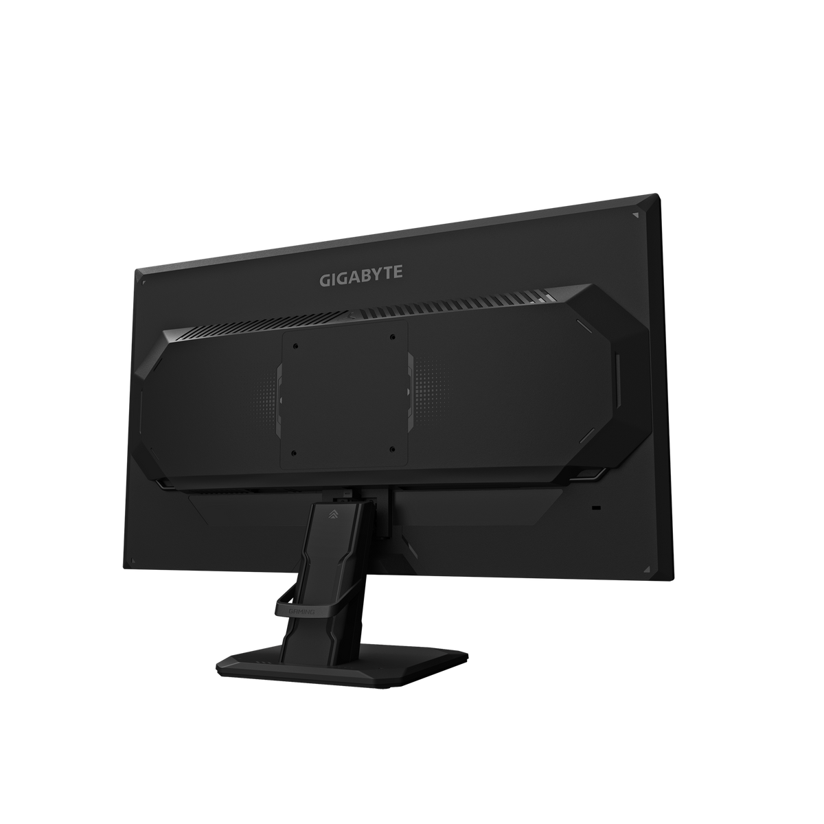 Gigabyte gaming monitor angled front view, black bezel and stand