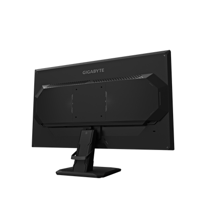 Gigabyte gaming monitor angled front view, black bezel and stand