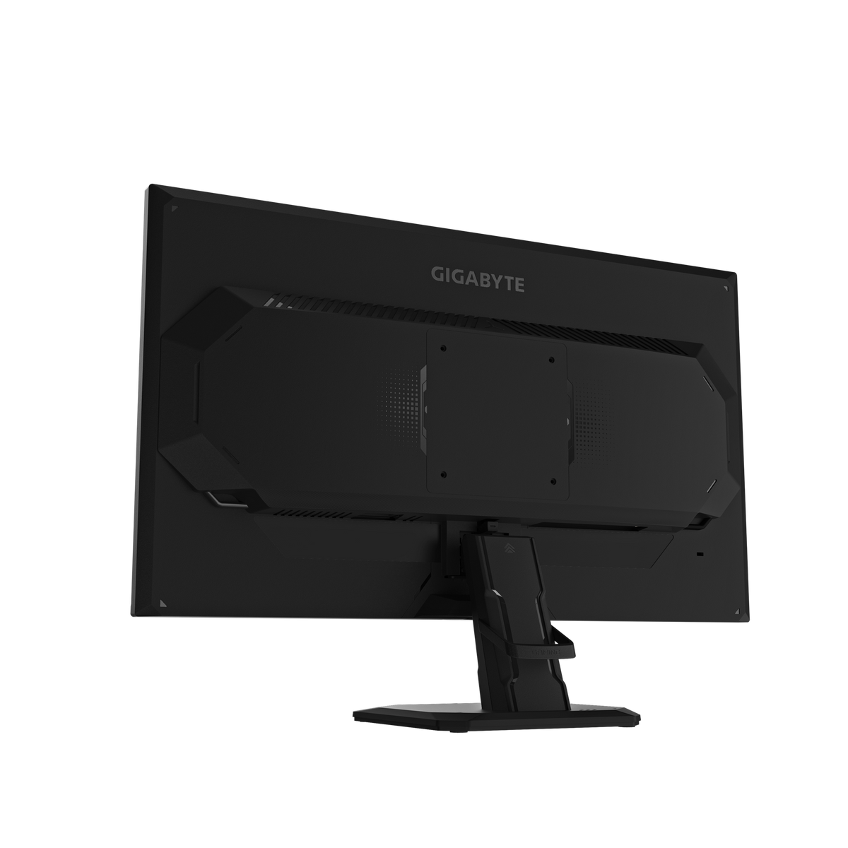 Gigabyte gaming monitor angled view, black stand and rear design