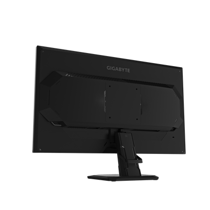 Gigabyte gaming monitor angled view, black stand and rear design