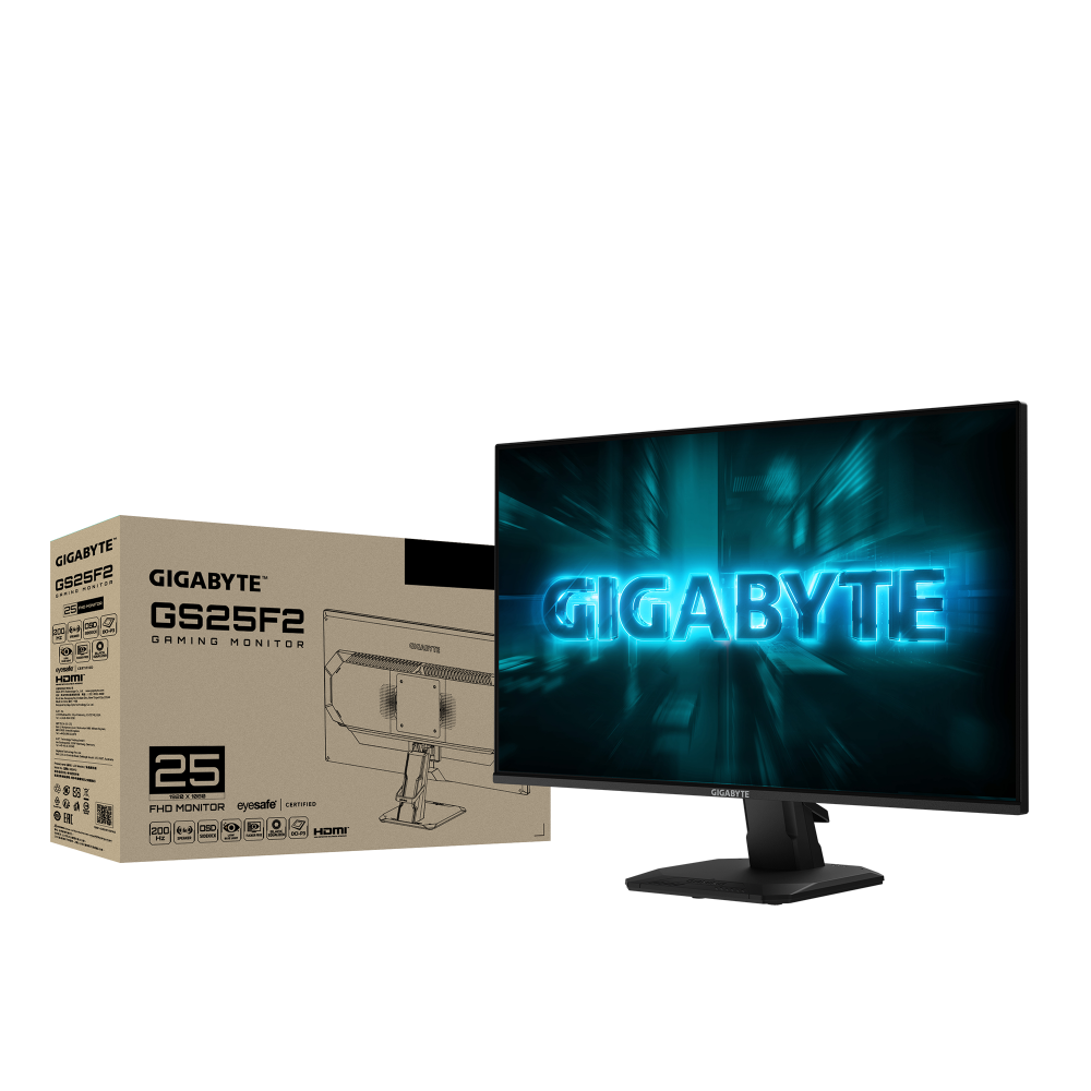Gigabyte gaming monitor with retail box and blue display screen