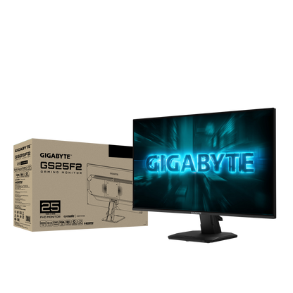 Gigabyte gaming monitor with retail box and blue display screen