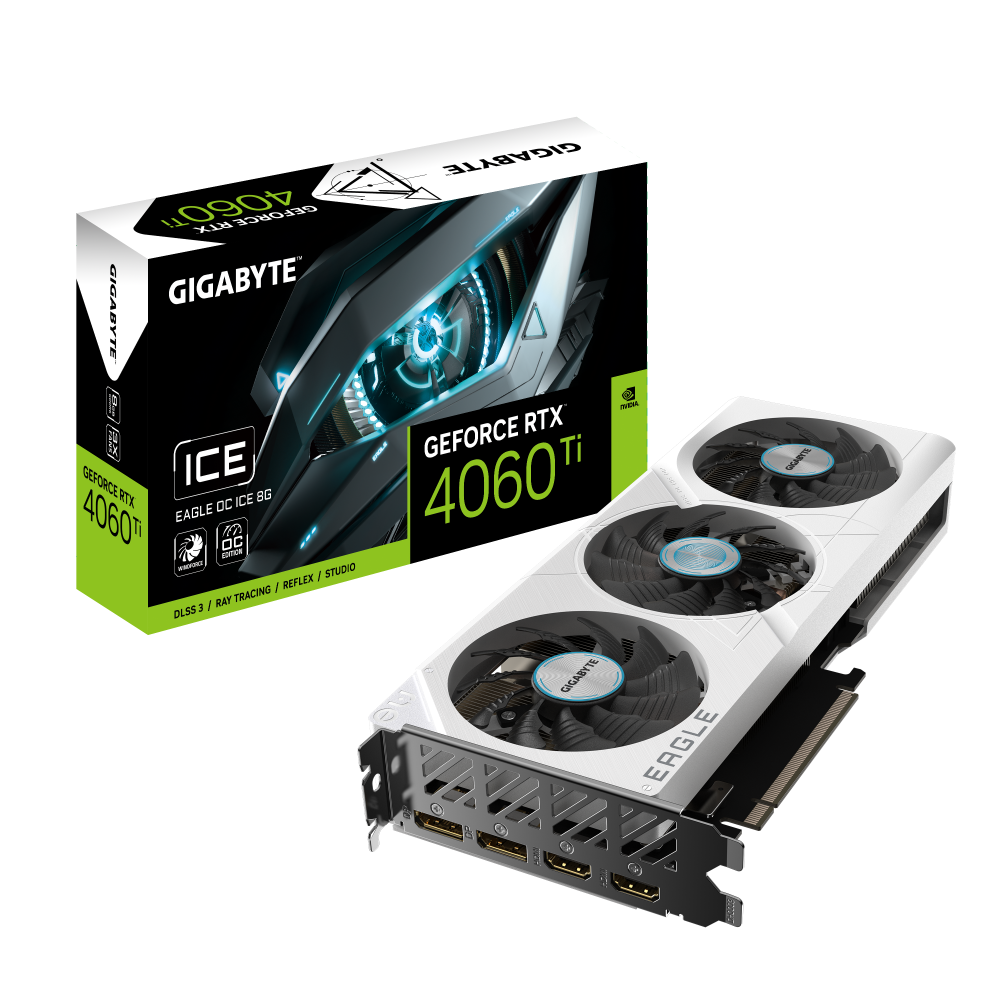 Gigabyte GeForce RTX 4060 Ti graphics card and packaging on a white background