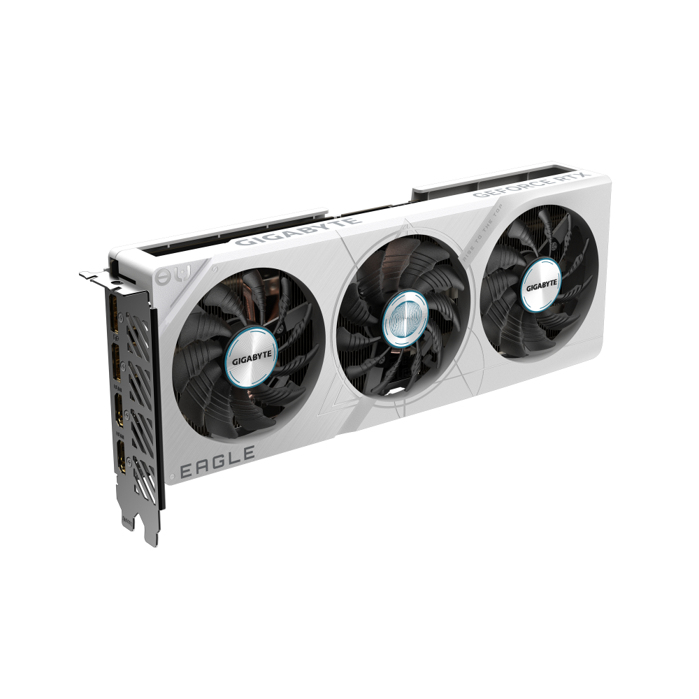 Gigabyte graphics card with three fans on a white background