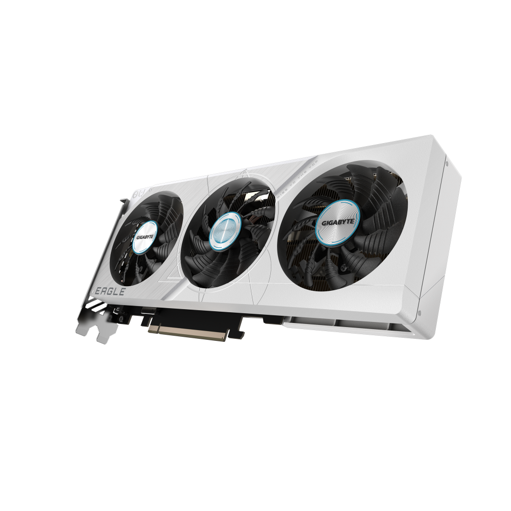 Gigabyte graphics card with three fans on a white background