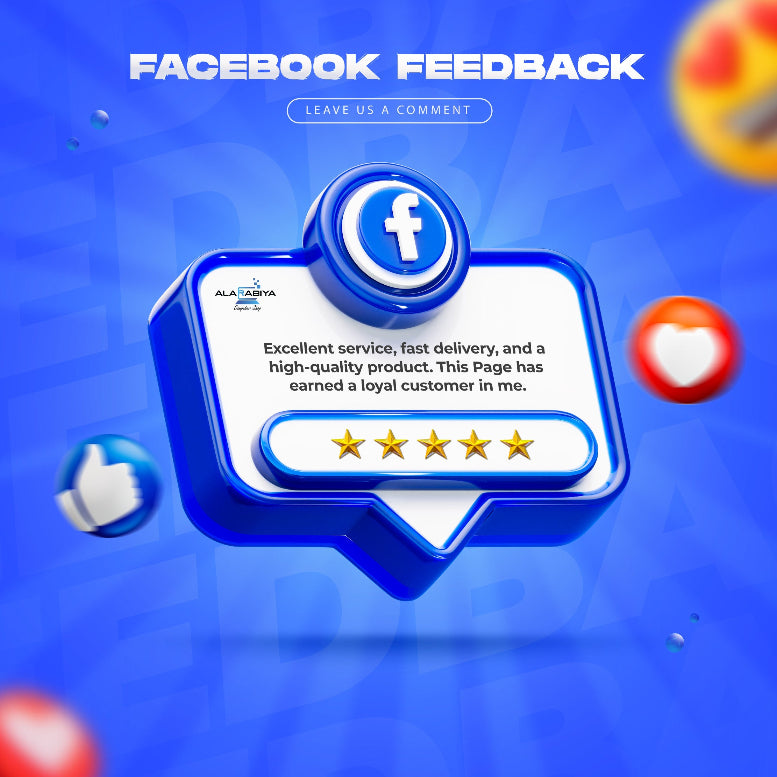 Facebook feedback form with a five-star rating on a blue background