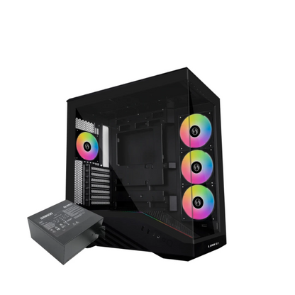 A black Lian Li desktop PC tower with a transparent side panel, shown with three RGB fan lights and a power supply on a white background. The Turkish Computer Federation logo is visible in the top right corner.