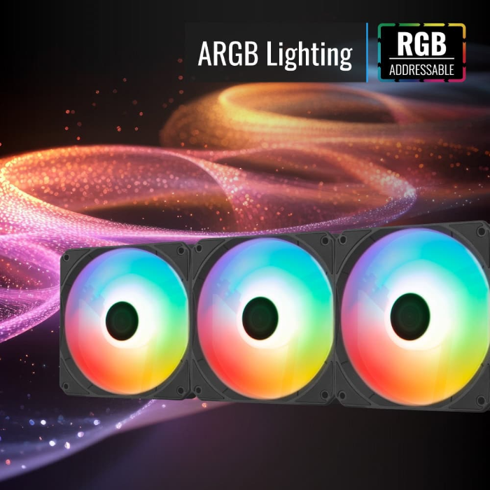 Aerocool Link 3-Pack 4-pin PWM connector-1500RPM-ARGB lighting-25.3 dB A noise level absorbing pads minimize noise-Connect the three fanswith a single cable for streamlined cable management