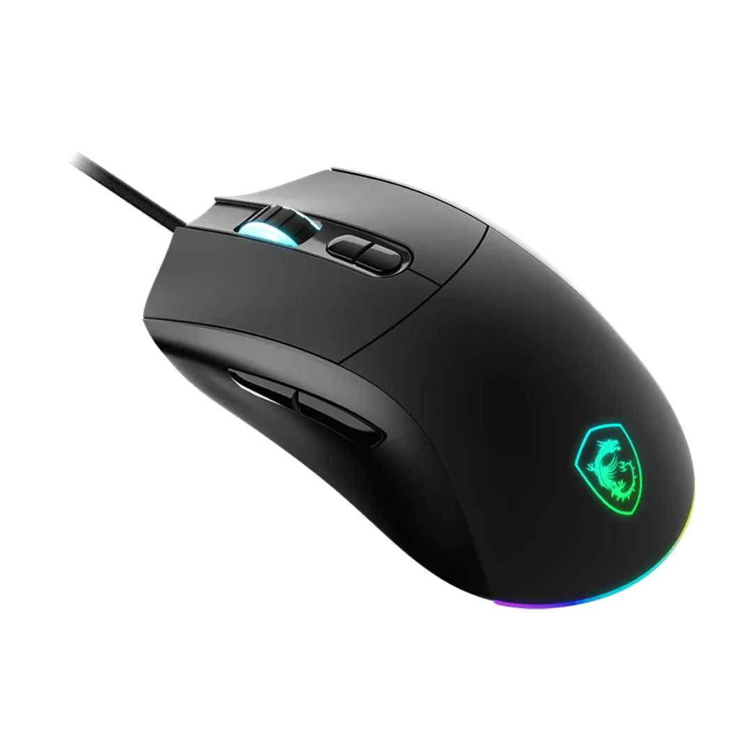Black wired gaming mouse with RGB-lit scroll wheel and glowing crest