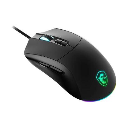 Black wired gaming mouse with RGB-lit scroll wheel and glowing crest