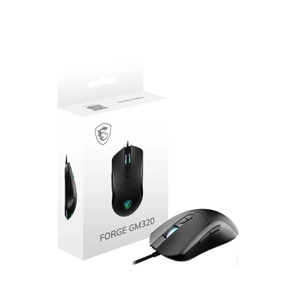 Black wired gaming mouse with RGB logo and glowing side accents
