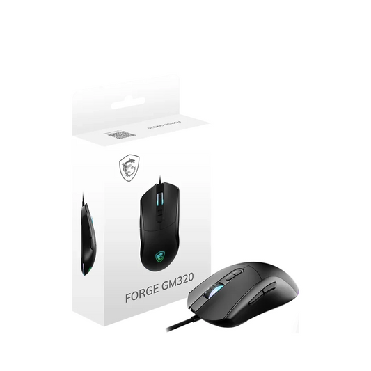 Black wired gaming mouse with RGB logo and glowing side accents