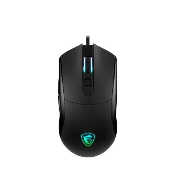 Black wired gaming mouse with centered RGB strip and glowing crest