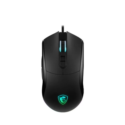 Black wired gaming mouse with centered RGB strip and glowing crest