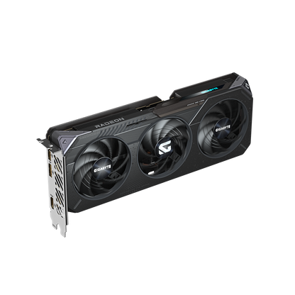 Gigabyte graphics card with three fans on a white background