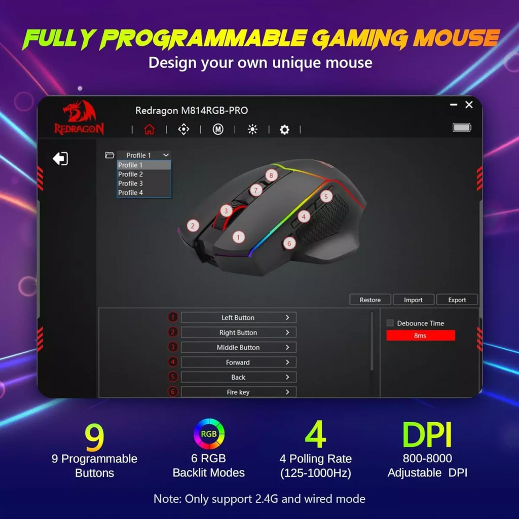 Redragon M814 AXE PRO RGB Tri-Mode 2.4G/USB-C/Bluetooth Rechargeable Gaming Mouse – 8,000 DPI