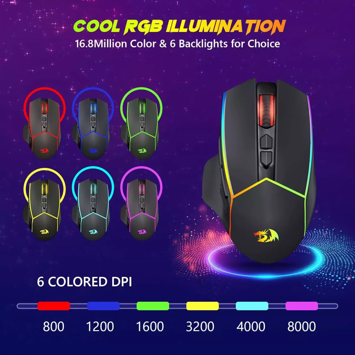 Redragon M814 AXE PRO RGB Tri-Mode 2.4G/USB-C/Bluetooth Rechargeable Gaming Mouse – 8,000 DPI
