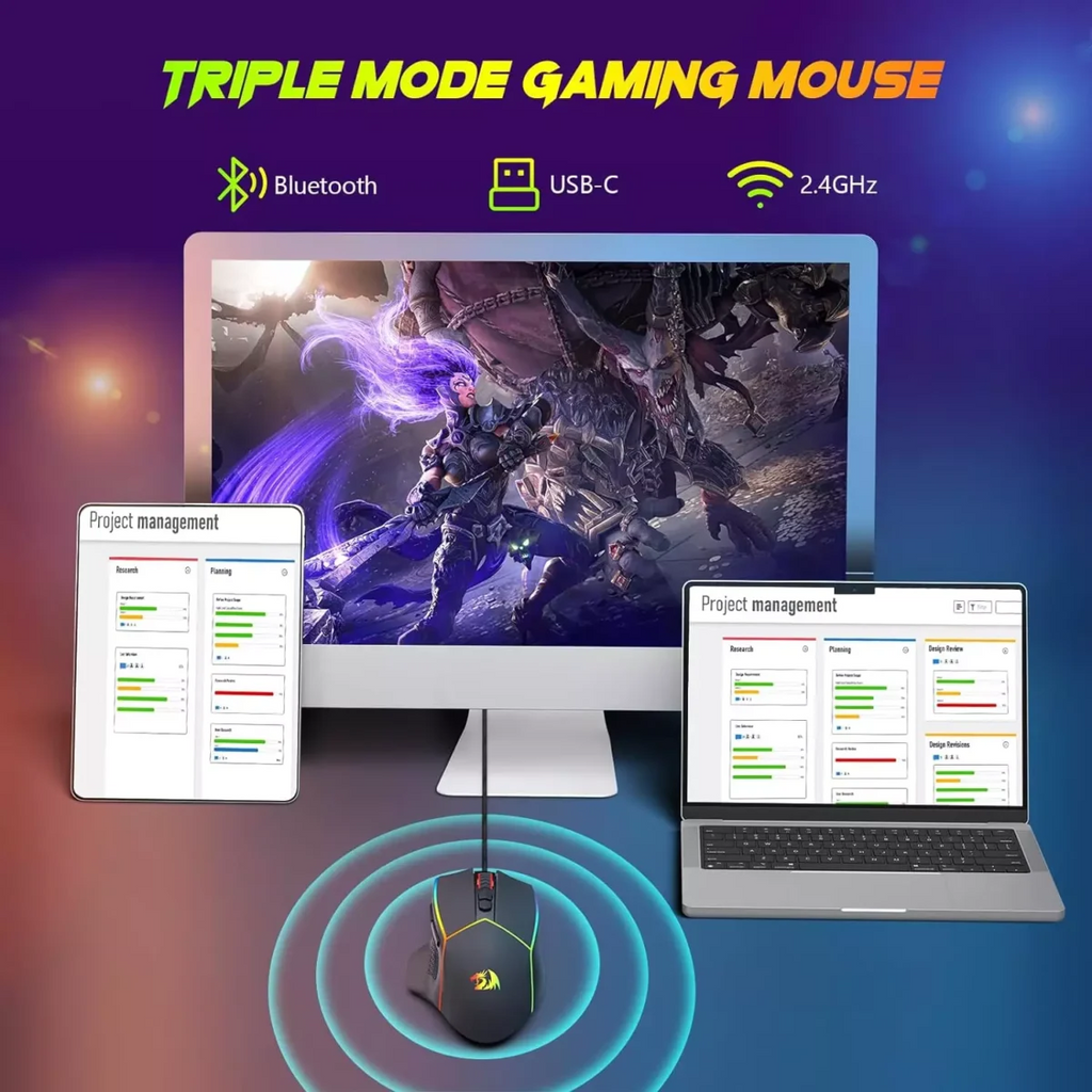Redragon M814 AXE PRO RGB Tri-Mode 2.4G/USB-C/Bluetooth Rechargeable Gaming Mouse – 8,000 DPI