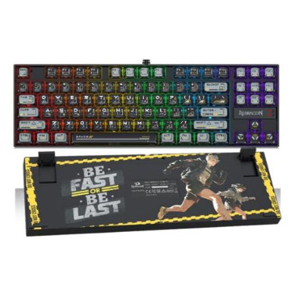 A mechanical gaming keyboard and matching desk mat set. The keyboard features a black chassis with RGB rainbow backlighting and multicolor keycaps.