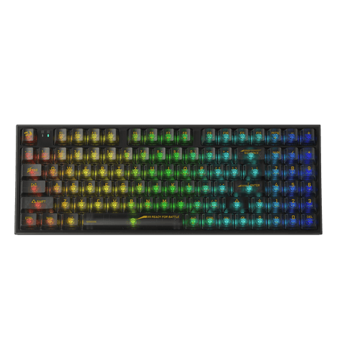 Black gaming keyboard with fully transparent keycaps and green-blue RGB backlighting