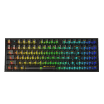 Black gaming keyboard with fully transparent keycaps and green-blue RGB backlighting