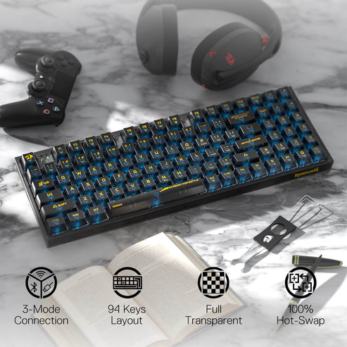 Black wireless gaming keyboard with fully transparent keycaps and blue RGB lighting